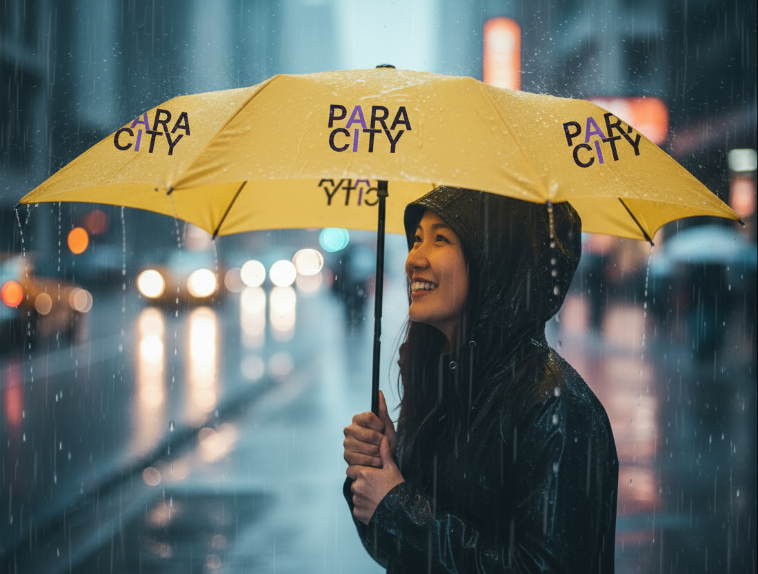 Person holding a yellow umbrella in rain
